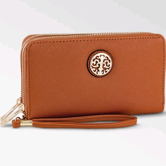 Rebecca & Rifka Double Zipper Saffiano Cognac Wristlet Wallet - Picture 1 of 1